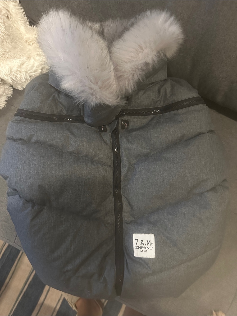 7 A.M. Enfant Kids Gray Puffer Stroller Bunting with Faux Fur Hood